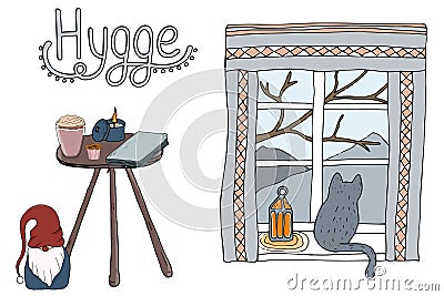 Cosy vector illustration hygge elements Vector Illustration